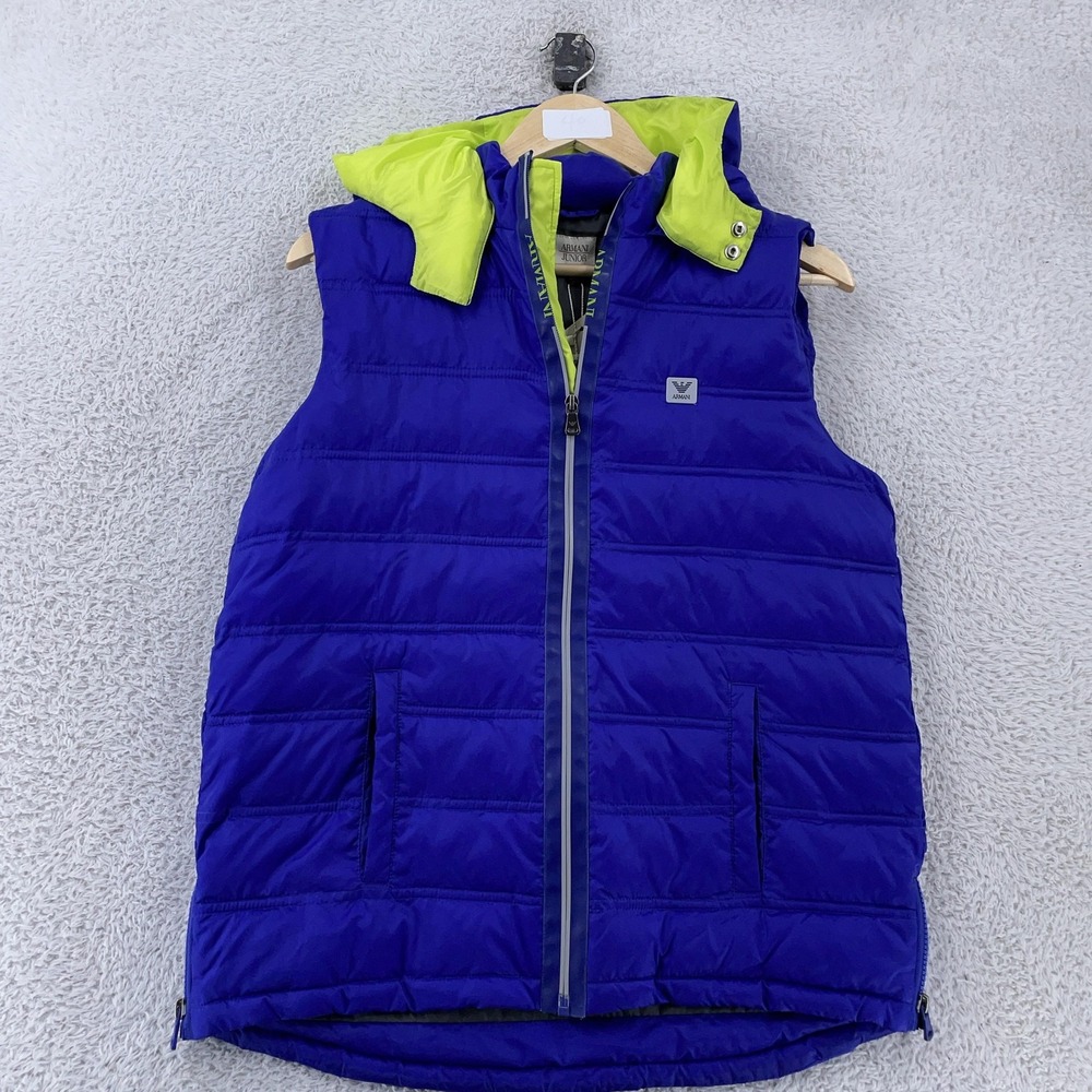 Armani Junior Hooded Puffer‎ Vest Youth 16Y Blue Sleeveless Zip Logo 6X4Q02